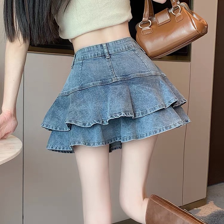 小个子荷叶边牛仔半身裙女显瘦