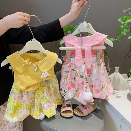 店铺热销款2025年夏季新款女小童可爱娃娃领小兔碎花花苞裤套装