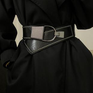 外搭裙子大衣配饰 高级感松紧宽腰带女款 黑色腰封女士装 饰复古时尚