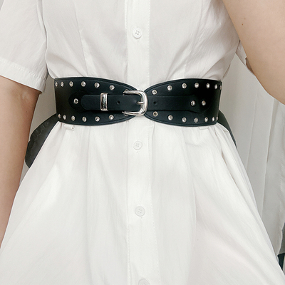 小众复古铆钉宽边腰带女款装饰配裙子牛仔裤收腰个性皮带配饰腰封