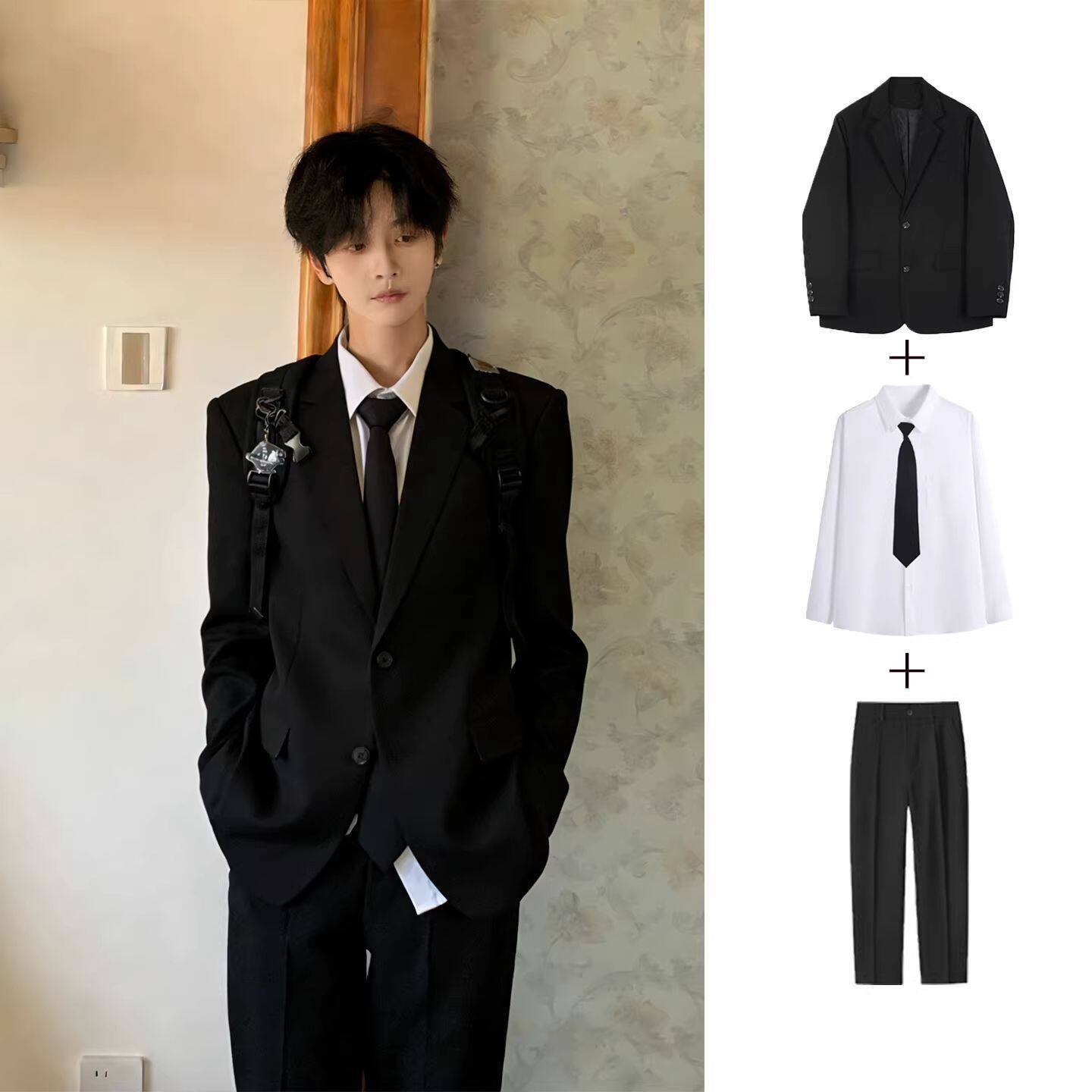 dk男生制服黑色西装套装休闲时尚高级感痞帅纯色简约韩版西服外套