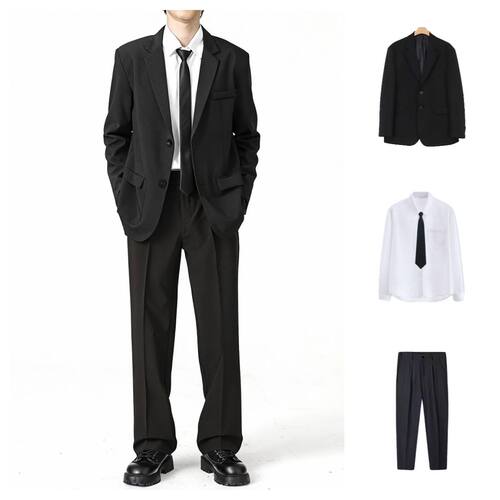 DK制服日系绅士黑西装春秋纯色痞帅毕业班校服休闲正装西服套装男
