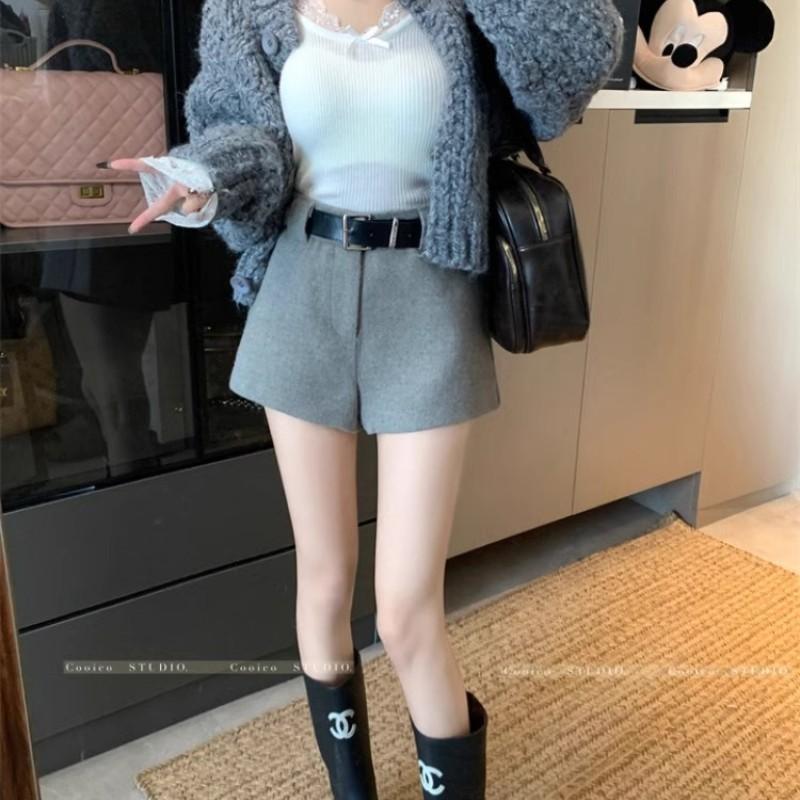 灰色毛呢宽松直筒休闲裤