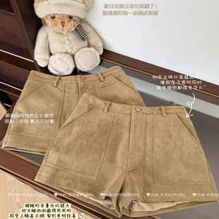 复古通勤风卡其色麂皮阔腿短裤女秋冬新款大口袋高级感辣妹工装裤