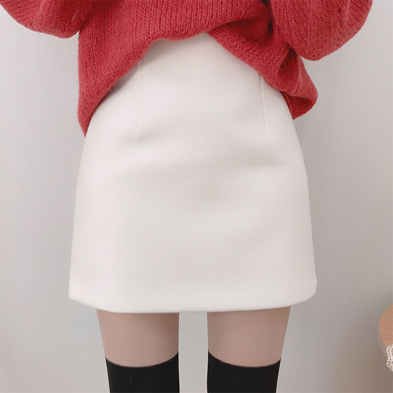 白色短裙秋冬显瘦高腰毛呢半身裙