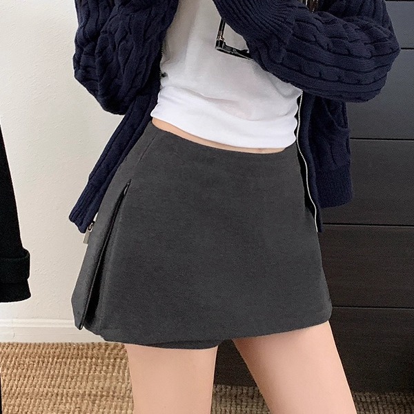 灰色毛呢半身裙女秋冬新款高腰开叉辣妹通勤百搭a字包臀短裙爆款