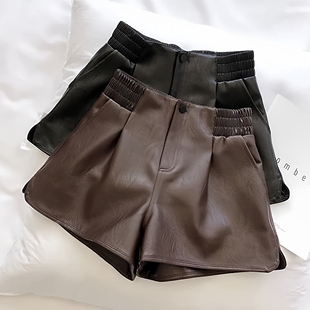 高腰显瘦宽松阔腿A字外穿百搭休闲裤 美拉德风PU皮短裤 女秋冬新款