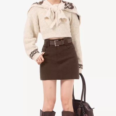 高腰复古棕色灯芯绒半身裙女秋冬季咖色短款a字包臀裙显瘦短裙子