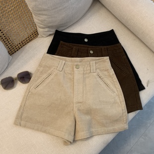 显瘦热裤 高腰百搭辣妹休闲阔腿裤 子 女秋冬新款 复古港风灯芯绒短裤