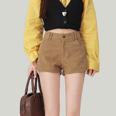 美式复古辣妹风灯芯绒短裤女秋冬新款高腰显瘦百搭A字包臀热裤子