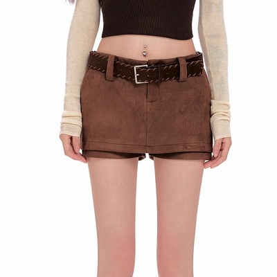 复古麂皮绒休闲短裤女秋冬新款显瘦百搭辣妹高腰性感a字包臀裙裤