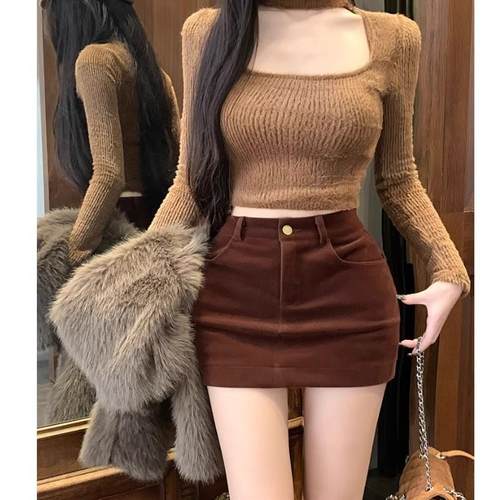 咖色丝绒短裙女秋冬2025新款