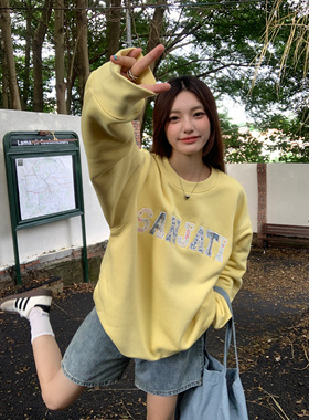 Sanjati crane碎花贴布绣logo圆领加绒休闲卫衣情侣上衣男女潮宽