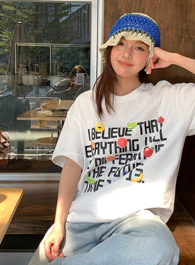 Sanjati水果发泡logo印花短袖宽松ins风韩休闲百搭上衣T恤男女潮