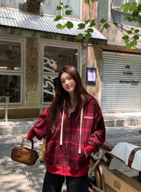 Sanjati crane美式毛圈连帽拉链外套红格子情侣卫衣潮牌男女休闲