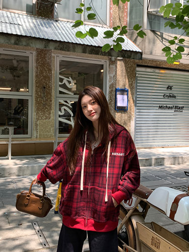 格子sanjati休闲拉链卫衣卫衣