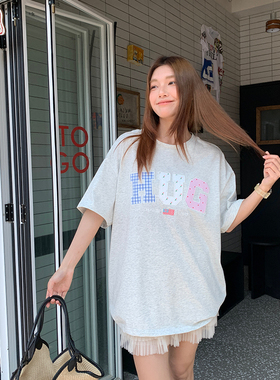 Sanjati碎花贴布绣短袖宽松ins风美式复古上衣圆领亲肤男女潮