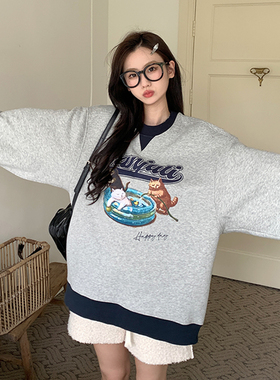 Sanjati crane美式拼接螺纹卫衣可爱猫咪宽松圆领加绒卫衣男女潮