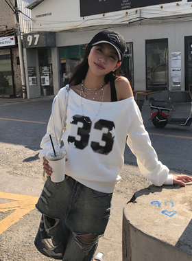 SANJATI 2025FW 烫钻迷彩一字肩套头卫衣斜肩辣妹上衣