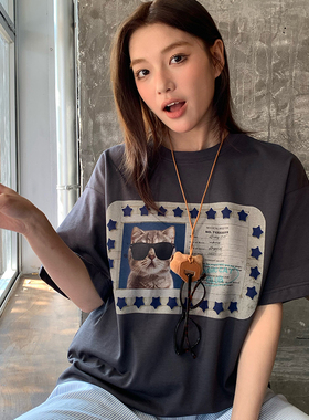 Sanjati猫咪证件印花短袖宽松ins风韩系休闲百搭T恤男女潮