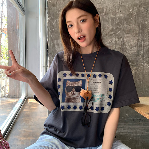 Sanjati猫咪证件印花短袖宽松ins风韩系休闲百搭T恤男女潮