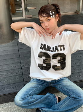 Sanjati迷彩贴布绣短袖宽松ins风美式复古上衣圆领亲肤男女潮