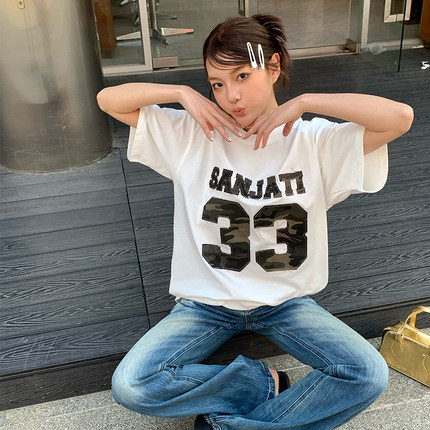 Sanjati迷彩贴布绣短袖宽松ins风美式复古上衣圆领亲肤男女潮