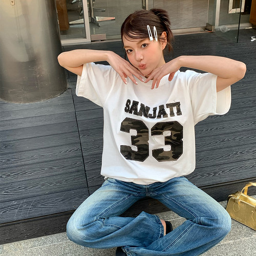 Sanjati迷彩贴布绣短袖宽松ins风美式复古上衣圆领亲肤男女潮