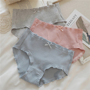 3件日系简约纯色螺纹纯棉少女内裤 性感女士女生中腰透气三角短裤