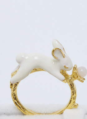 花朵兔子白色珍珠指环珐琅彩戒指