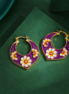 国潮复古珐琅彩水晶油画紫色花朵小雏菊耳扣新中式水滴镂空耳环女
