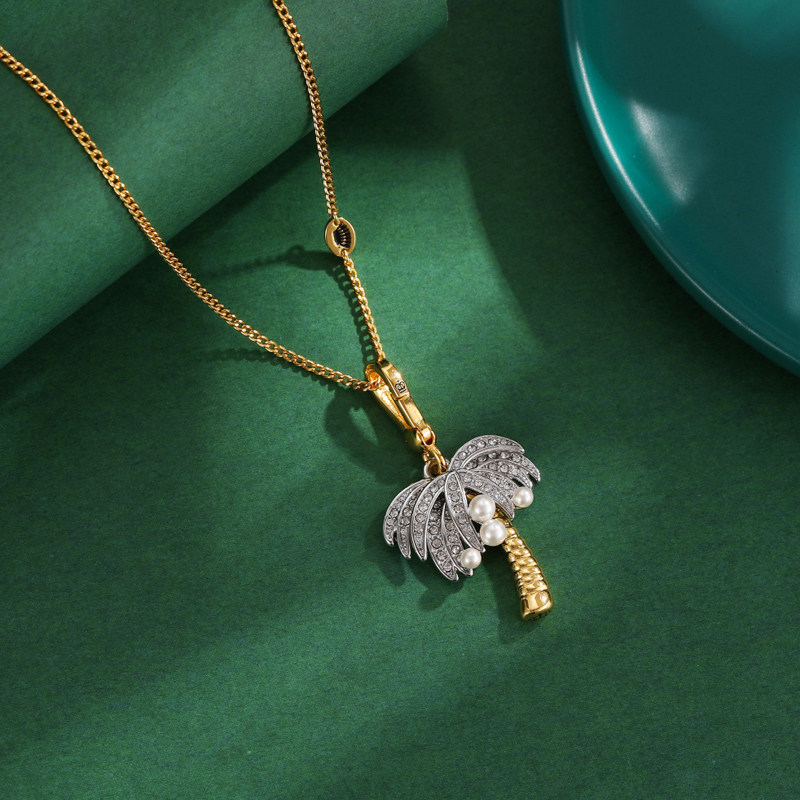 轻奢高级感立体设计银色水晶珍珠椰子树吊坠项链时尚百搭挂坠挂饰