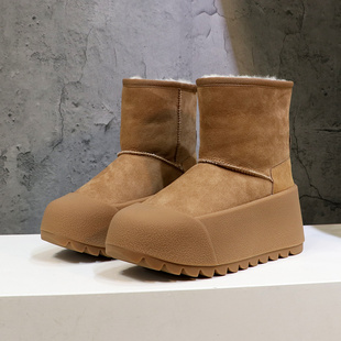 纯羊毛皮毛一体雪地靴女防滑棉鞋厚底增高真皮加厚加绒保暖短靴子