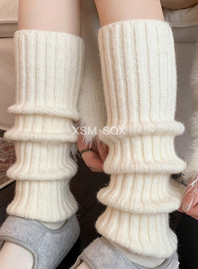 靴尚棉袜套女秋冬加厚保暖羊毛袜灰色中筒日系美拉德竖条针织长袜