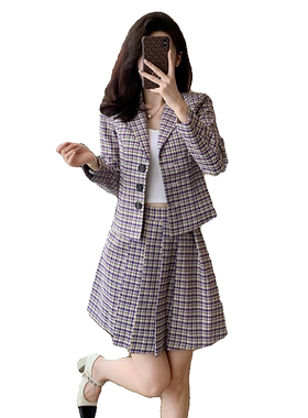 小香风格子短款外套套装裙女秋季