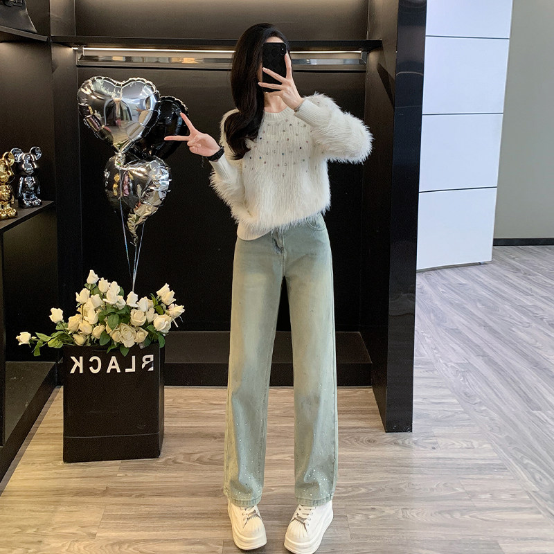 2025春季洋气减龄高级感冰雪女王彩色带钻马海毛套头毛衣裤子套装
