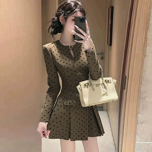 miu系千金感波点西装连衣裙女秋冬小个子收腰显瘦气质绝美A字短裙