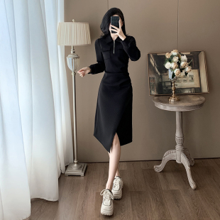 法式赫本风polo领连衣裙女春季高级感收腰显瘦不规则中长款卫衣裙