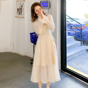 长袖 新款 收腰长裙高级感仙女裙子 温柔风蕾丝拼接连衣裙女秋季 法式
