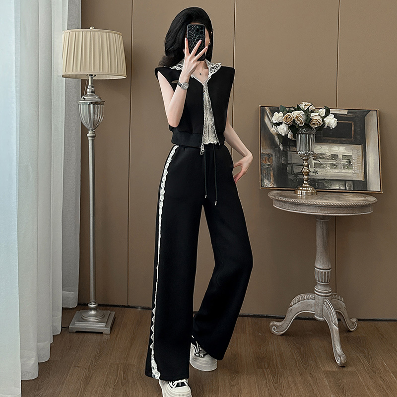 时尚休闲运动套装女夏季蕾丝拼接假两件短款上衣阔腿裤显瘦两件套