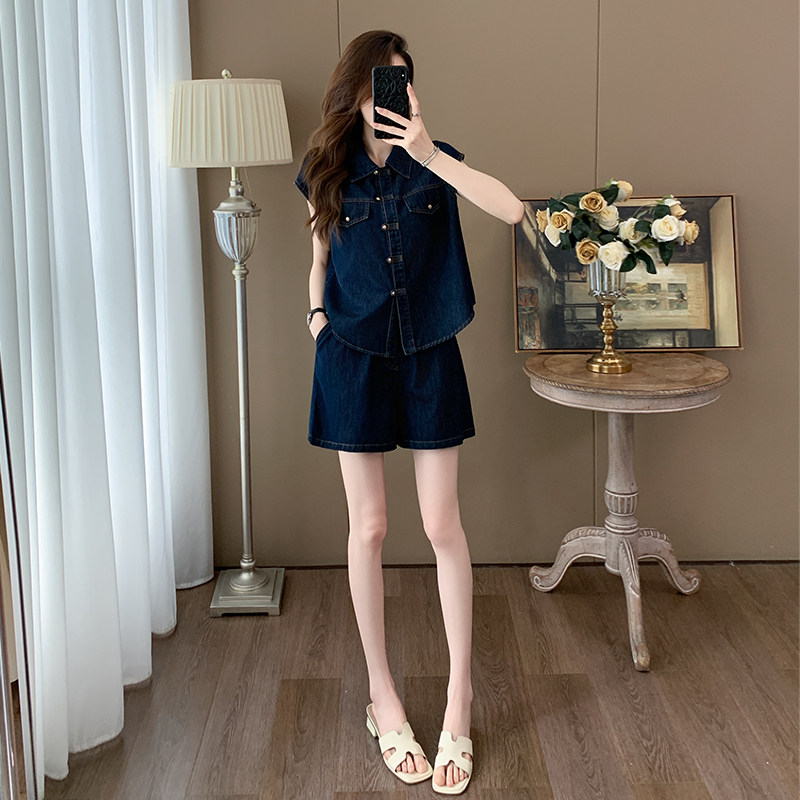 韩系独特漂亮夏天薄款牛仔套装女图片