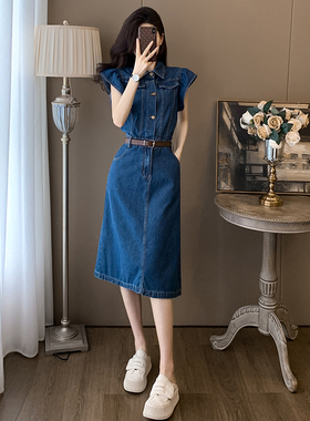 蓝色牛仔连衣裙女夏季薄款法式复古收腰显瘦小飞袖中长款衬衫裙子