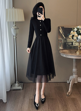 法式优雅气质小香风圆领连衣裙女秋冬收腰显瘦黑色网纱拼接a字裙