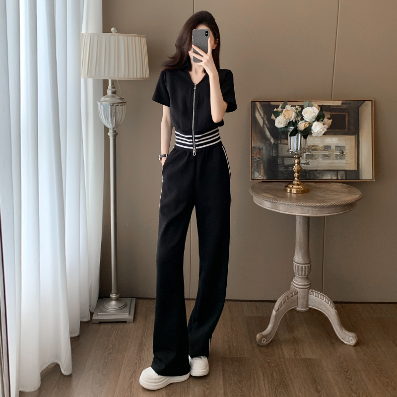 时尚运动服休闲套装女夏季宽松显瘦短款上衣高腰阔腿长裤两件套潮