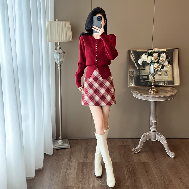 小香风套装裙子女秋冬穿搭圣诞新年战袍氛围感毛衣格纹半裙两件套,女装/女士精品,时尚套装,淘宝优惠券,粉丝福利购,淘宝优惠卷