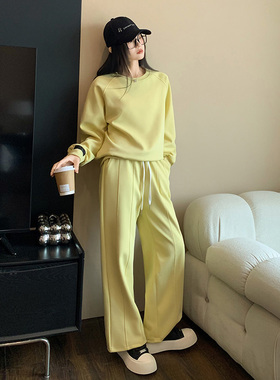富家千金感穿搭休闲运动套装女早春黄色圆领宽松卫衣直筒裤两件套