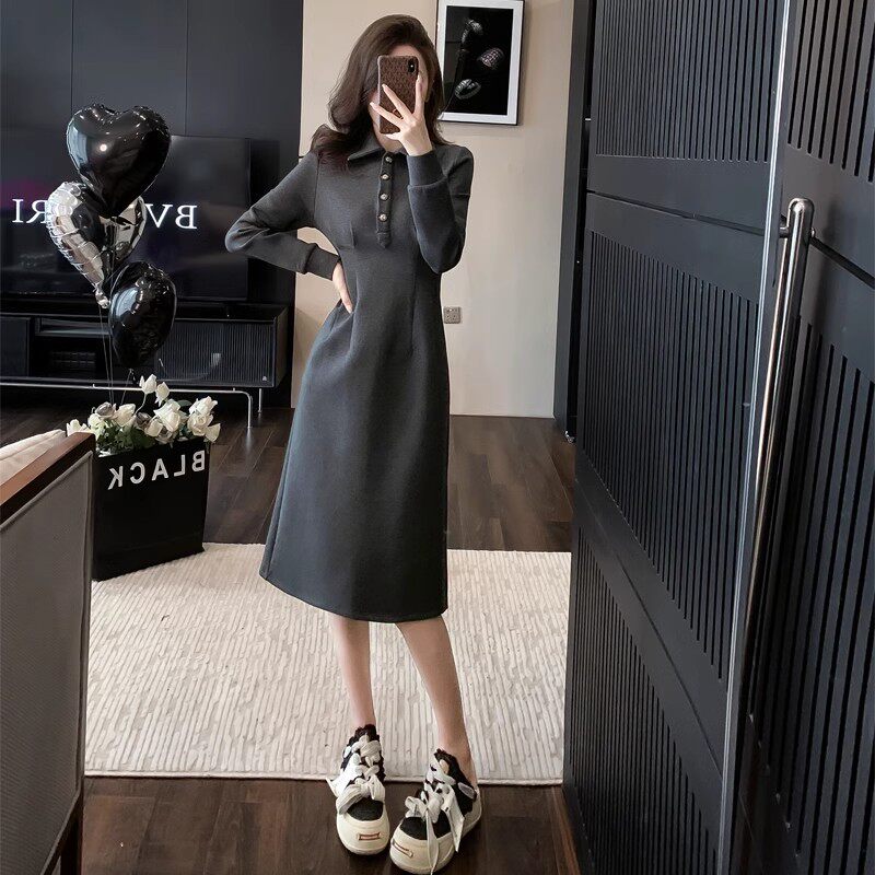 高级感灰色POLO领长袖连衣裙女秋冬气质显瘦百搭过膝长款卫衣裙子,女装/女士精品,大码内搭,淘宝优惠券,粉丝福利购,淘宝优惠卷