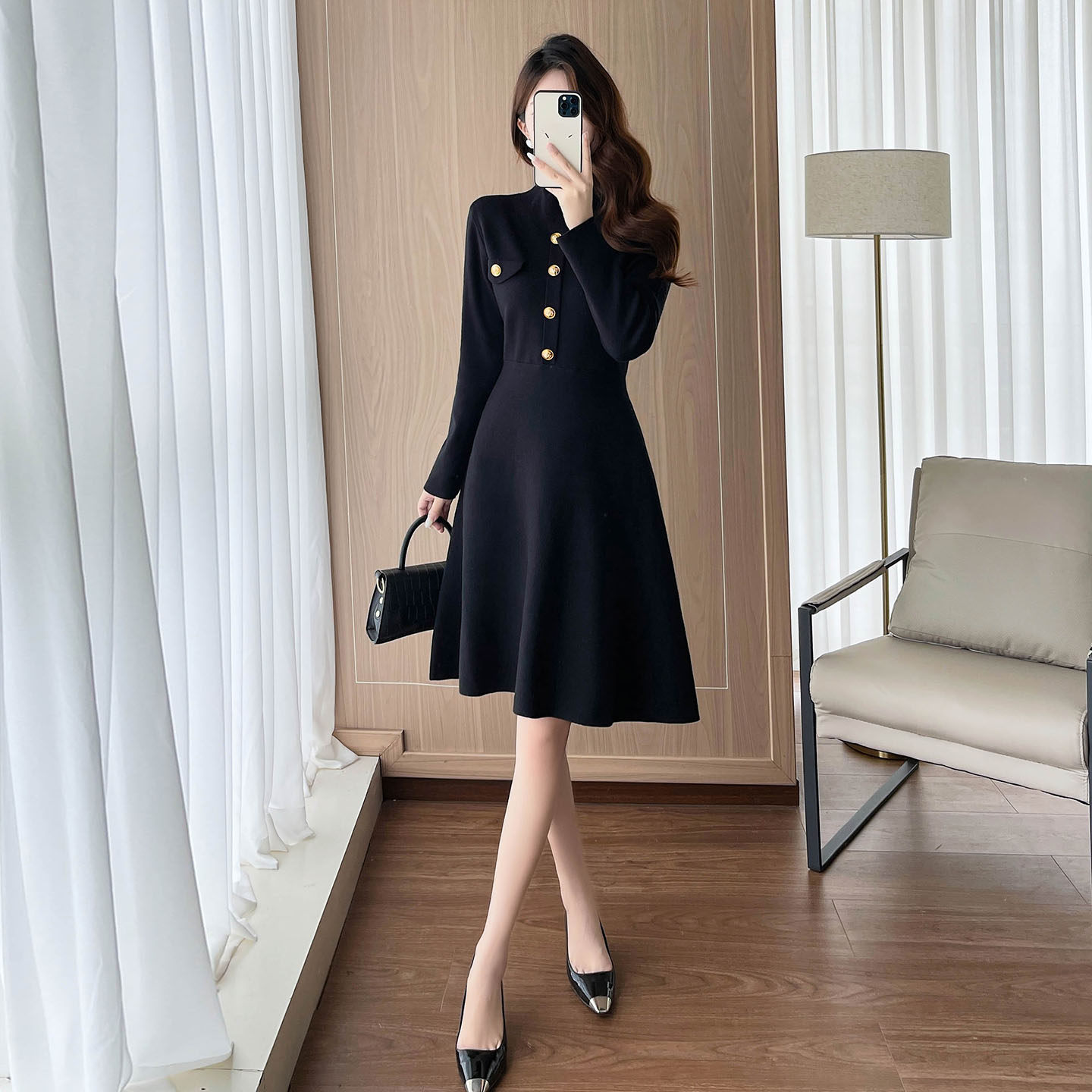 收腰显瘦内搭打底毛衣A字小黑裙