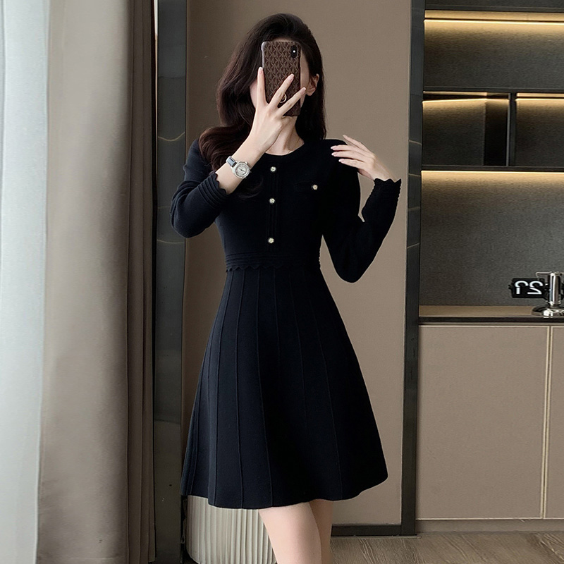 小香风名媛修身黑色针织连衣裙秋