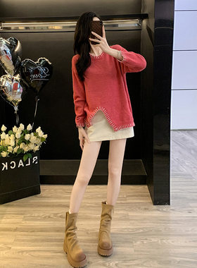 韩版宽松慵懒风圆领套头毛衣女春